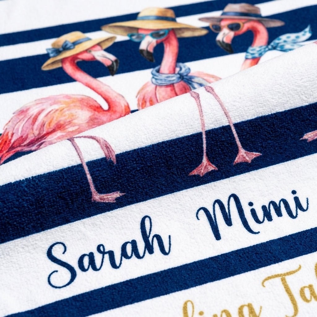 Personalized Flamingo Beach Towel - "Standing Tall Together" Custom Names Gift - FlamingoAholic