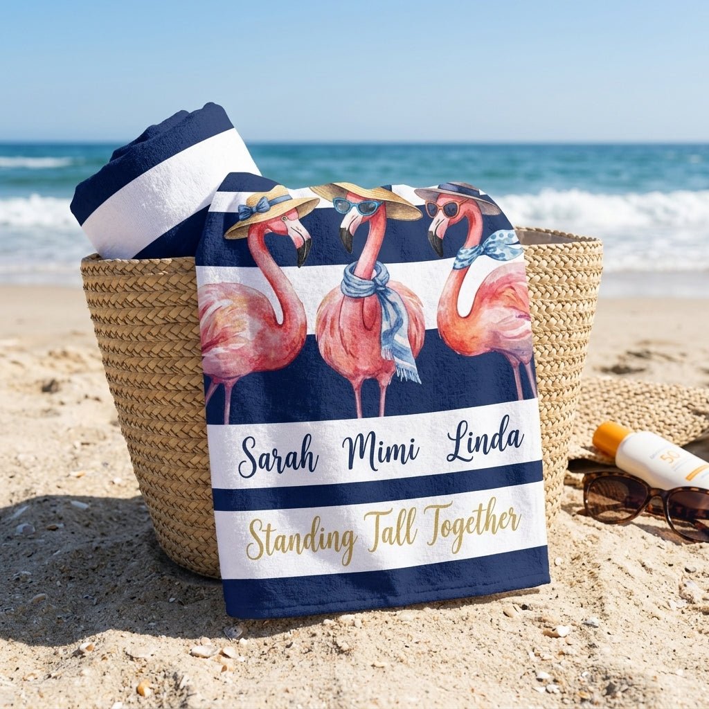 Personalized Flamingo Beach Towel - "Standing Tall Together" Custom Names Gift - FlamingoAholic