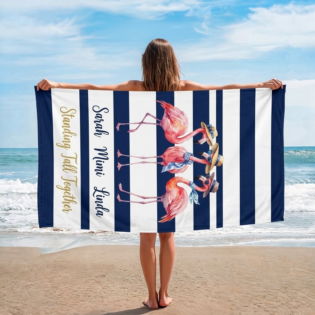 Personalized Flamingo Beach Towel - "Standing Tall Together" Custom Names Gift - FlamingoAholic