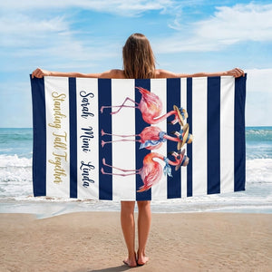 Personalized Flamingo Beach Towel - "Standing Tall Together" Custom Names Gift - FlamingoAholic