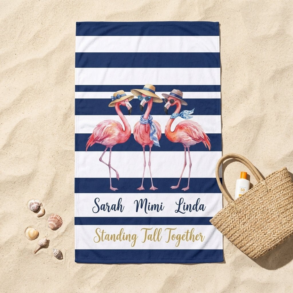 Personalized Flamingo Beach Towel - "Standing Tall Together" Custom Names Gift - FlamingoAholic