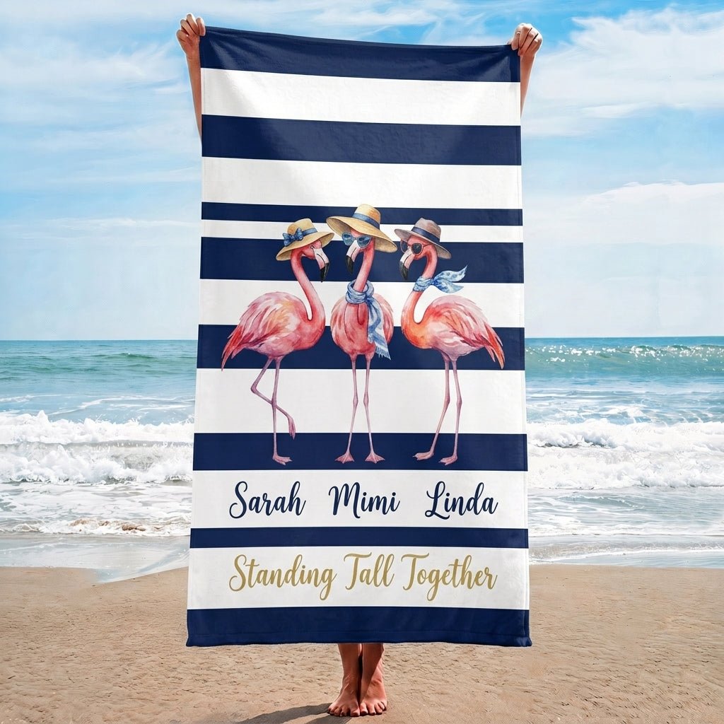 Personalized Flamingo Beach Towel - "Standing Tall Together" Custom Names Gift - FlamingoAholic