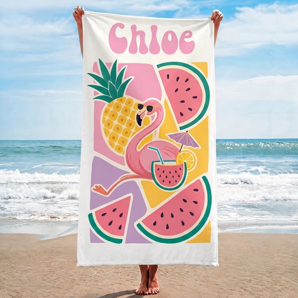Personalized Flamingo Beach Towel - Tropical Fruit & Flamingo Custom Name Summer Vacation Gift - FlamingoAholic