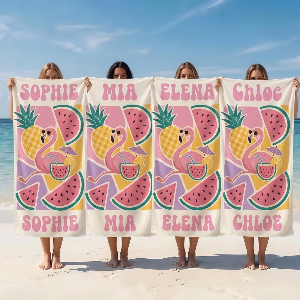 Personalized Flamingo Beach Towel - Tropical Fruit & Flamingo Custom Name Summer Vacation Gift - FlamingoAholic