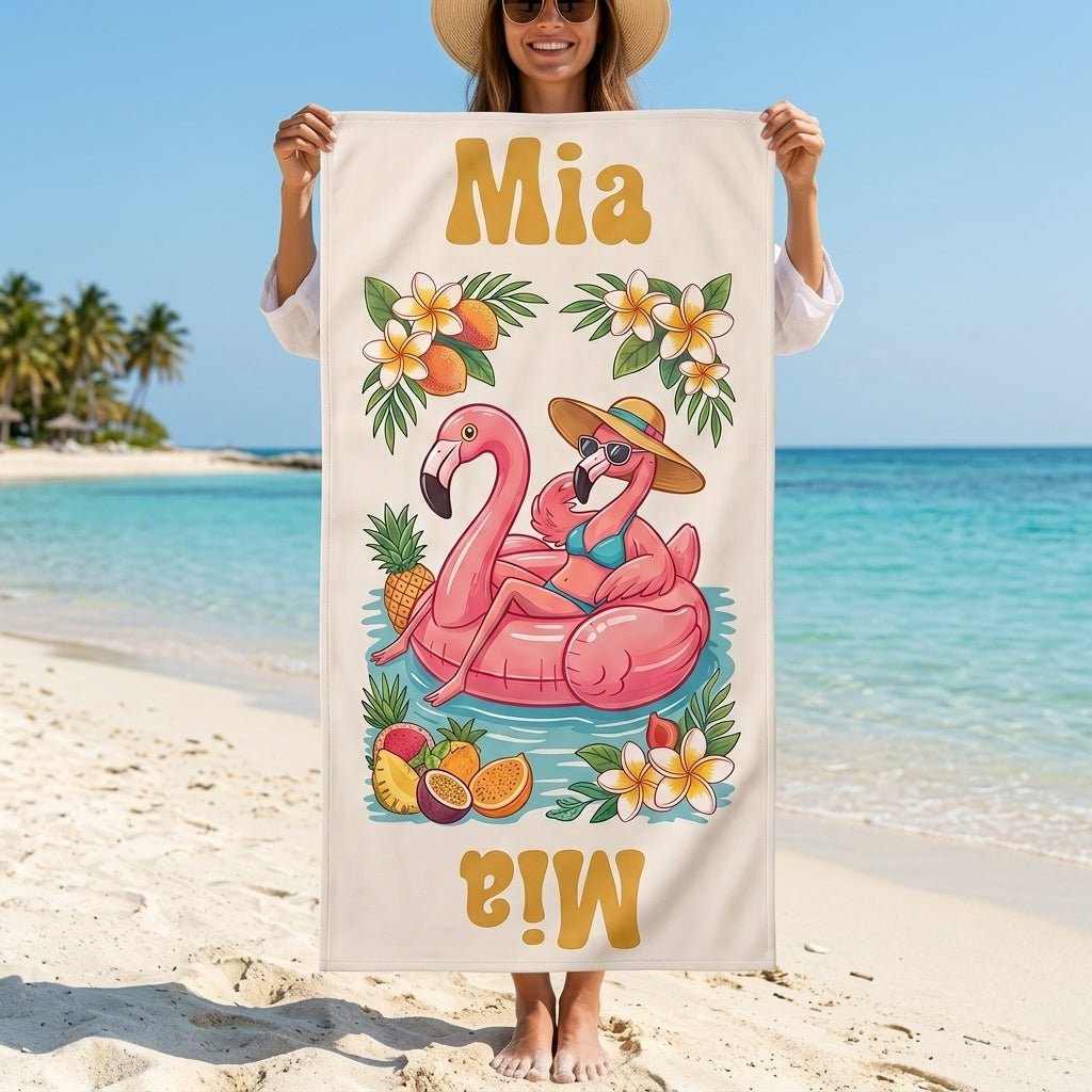 Personalized Flamingo Beach Towel - Tropical Poolside Flamingo Custom Name Summer Vacation Gift - FlamingoAholic