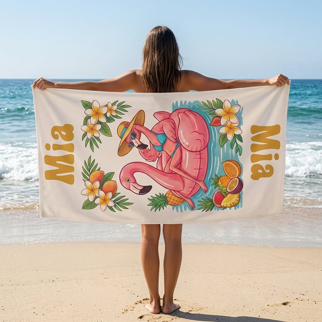 Personalized Flamingo Beach Towel - Tropical Poolside Flamingo Custom Name Summer Vacation Gift - FlamingoAholic