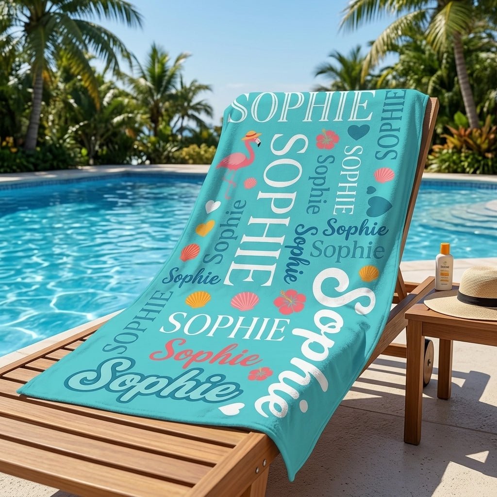 Personalized Flamingo Beach Towel - Vibrant Typography Custom Name Summer Vacation Gift - FlamingoAholic