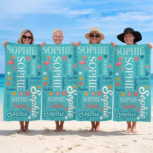Personalized Flamingo Beach Towel - Vibrant Typography Custom Name Summer Vacation Gift - FlamingoAholic