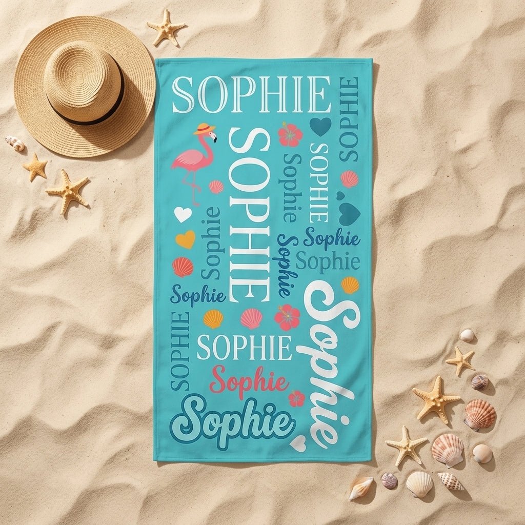Personalized Flamingo Beach Towel - Vibrant Typography Custom Name Summer Vacation Gift - FlamingoAholic