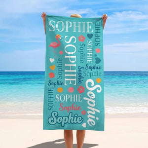 Personalized Flamingo Beach Towel - Vibrant Typography Custom Name Summer Vacation Gift - FlamingoAholic