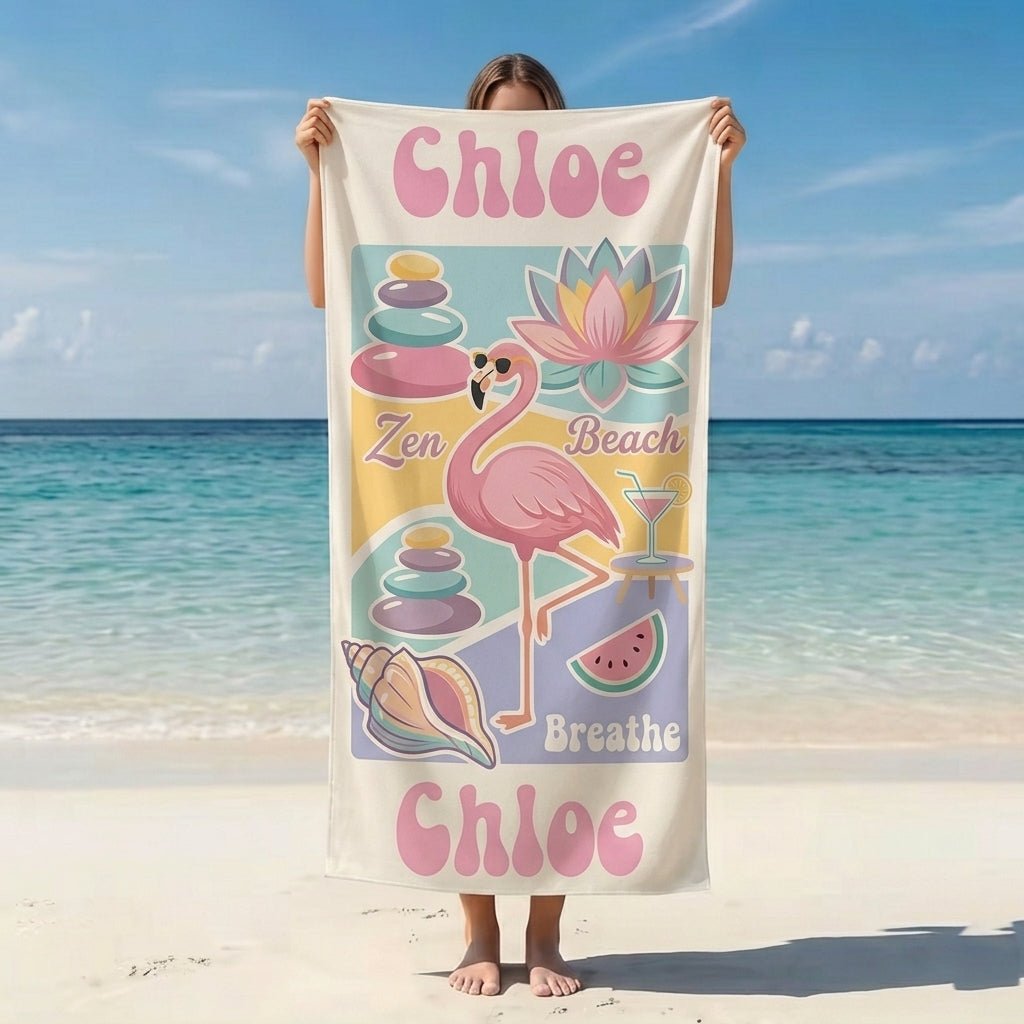 Personalized Flamingo Beach Towel - Zen Beach Flamingo Custom Name Summer Vacation Gift - FlamingoAholic