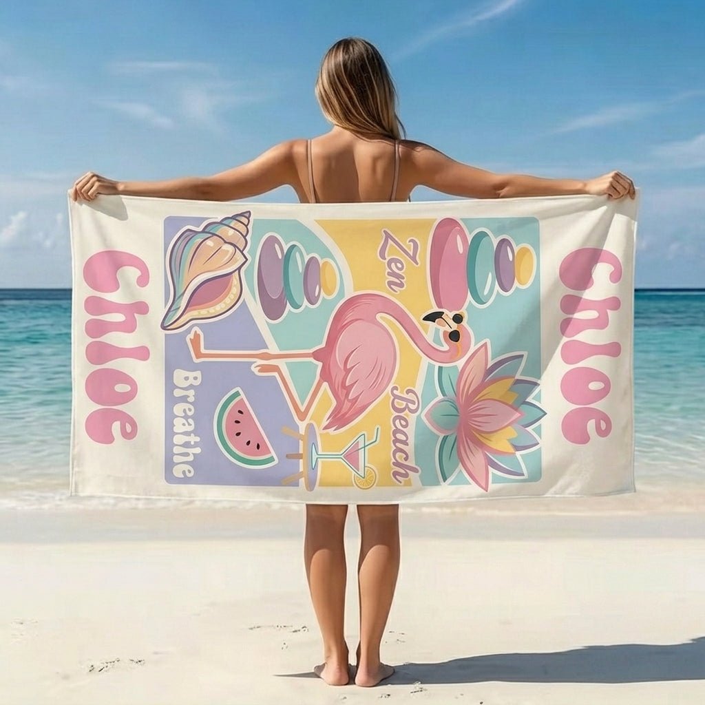 Personalized Flamingo Beach Towel - Zen Beach Flamingo Custom Name Summer Vacation Gift - FlamingoAholic