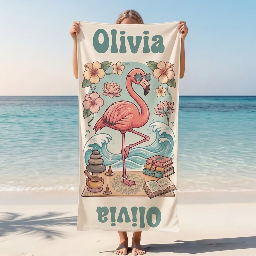 Personalized Flamingo Beach Towel - Zen Yoga & Mindfulness Design Custom Name Summer Gift - FlamingoAholic