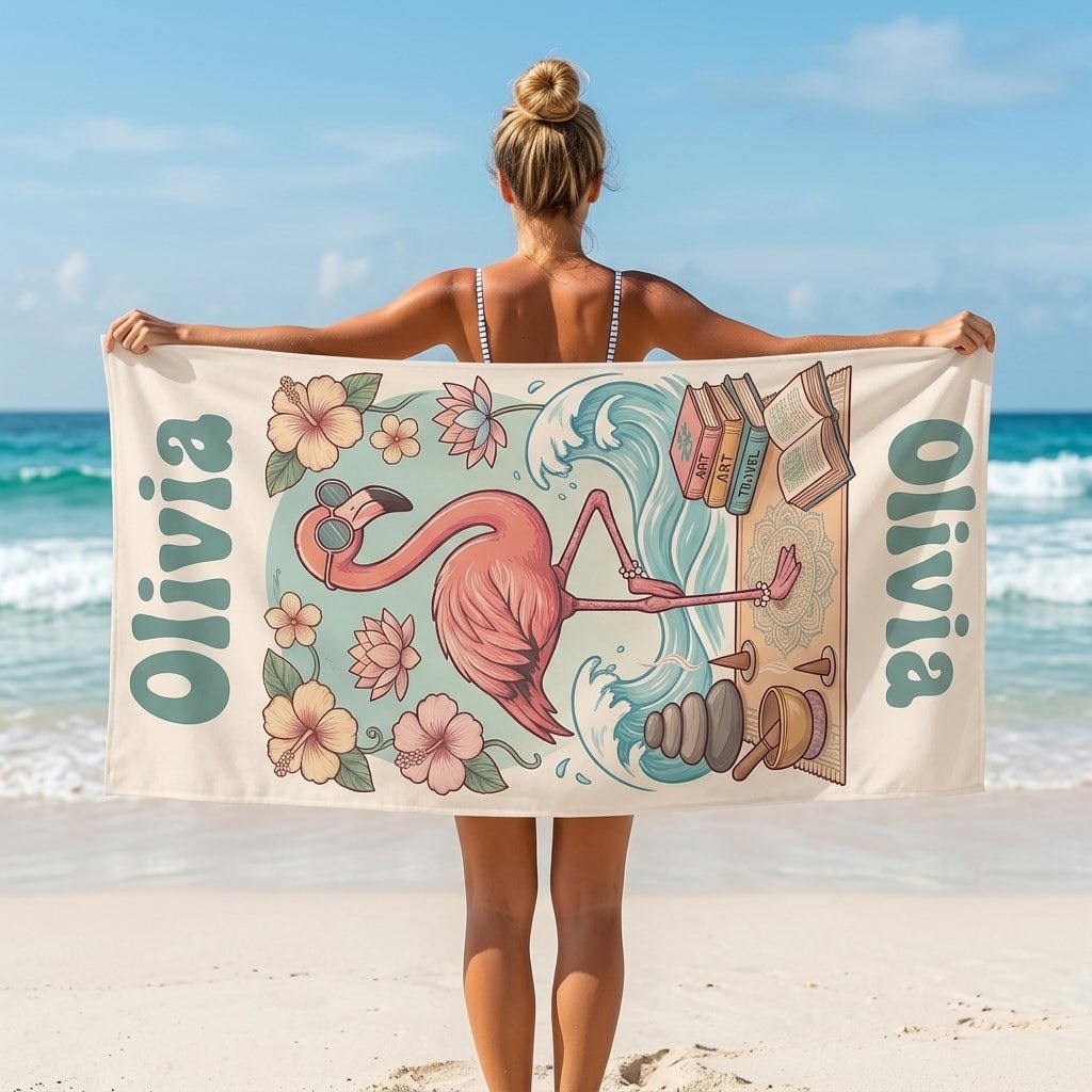 Personalized Flamingo Beach Towel - Zen Yoga & Mindfulness Design Custom Name Summer Gift - FlamingoAholic