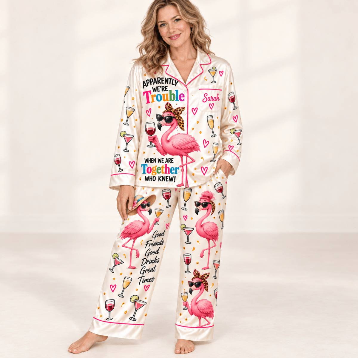 Personalized Flamingo Best Friends Wine Satin Pajama Set for Women - FlamingoAholic