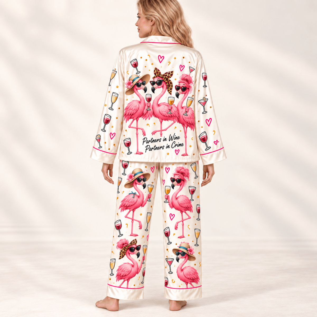 Personalized Flamingo Best Friends Wine Satin Pajama Set for Women - FlamingoAholic