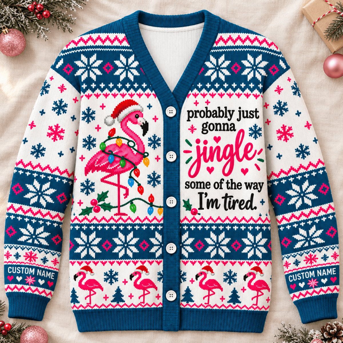 Personalized Flamingo Christmas Knitted Sweater & Cardigan – I'm Tired - FlamingoAholic