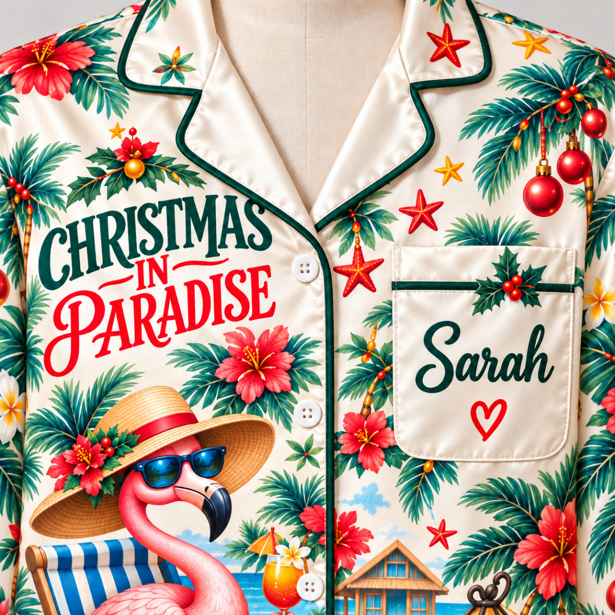 Personalized Flamingo Christmas Satin Pajama Set for Women - FlamingoAholic