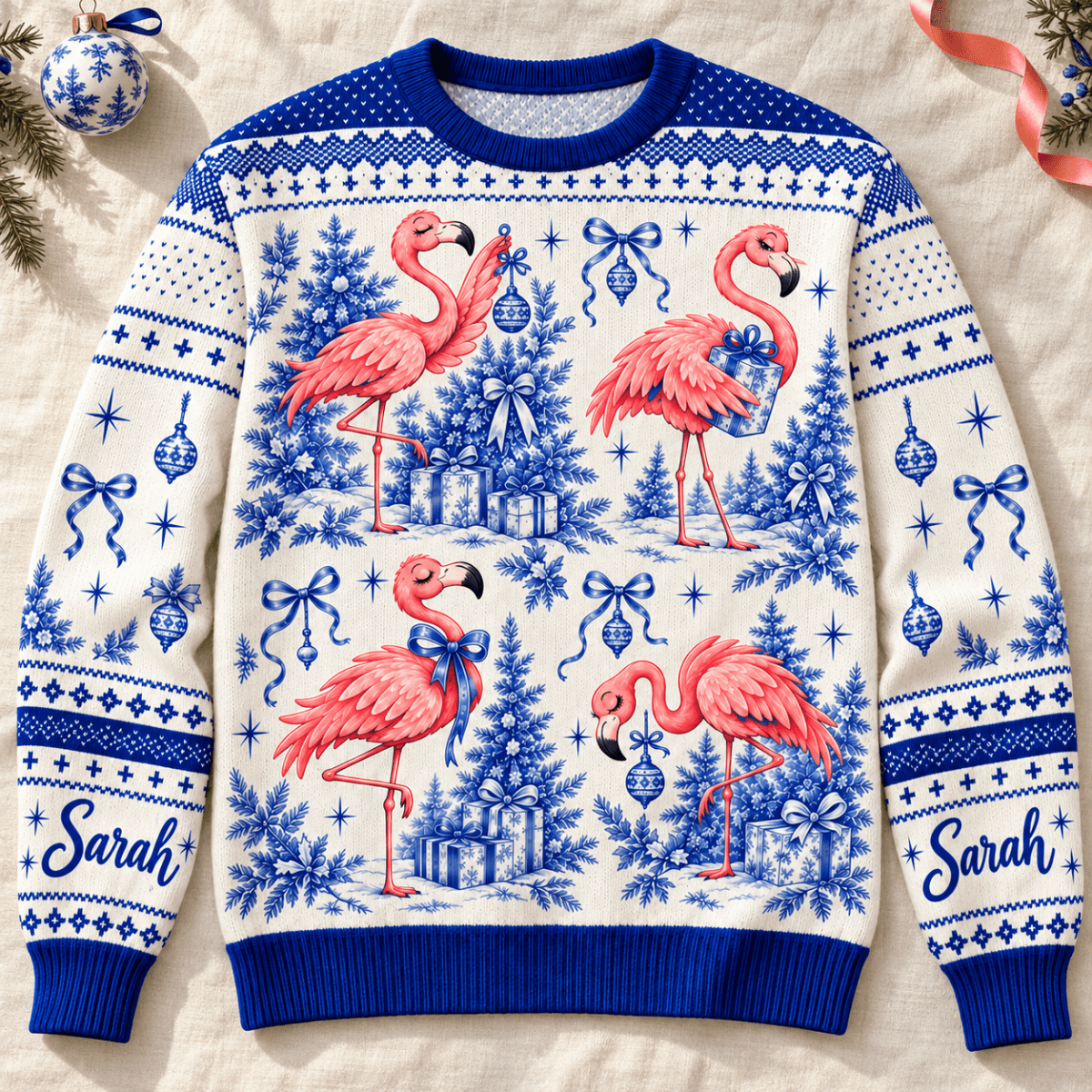 Personalized Flamingo Christmas Tree Toile de Jouy Knitted Sweater & Cardigan - FlamingoAholic