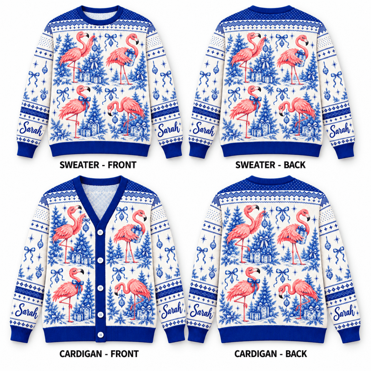 Personalized Flamingo Christmas Tree Toile de Jouy Knitted Sweater & Cardigan - FlamingoAholic