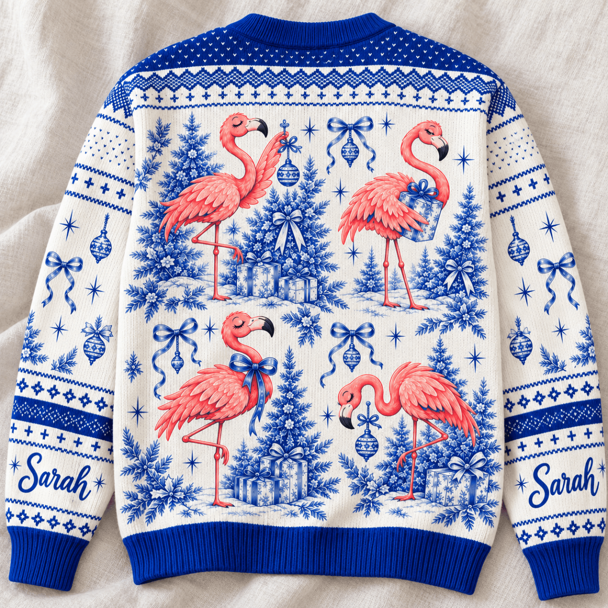Personalized Flamingo Christmas Tree Toile de Jouy Knitted Sweater & Cardigan - FlamingoAholic