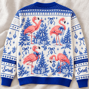 Personalized Flamingo Christmas Tree Toile de Jouy Knitted Sweater & Cardigan - FlamingoAholic