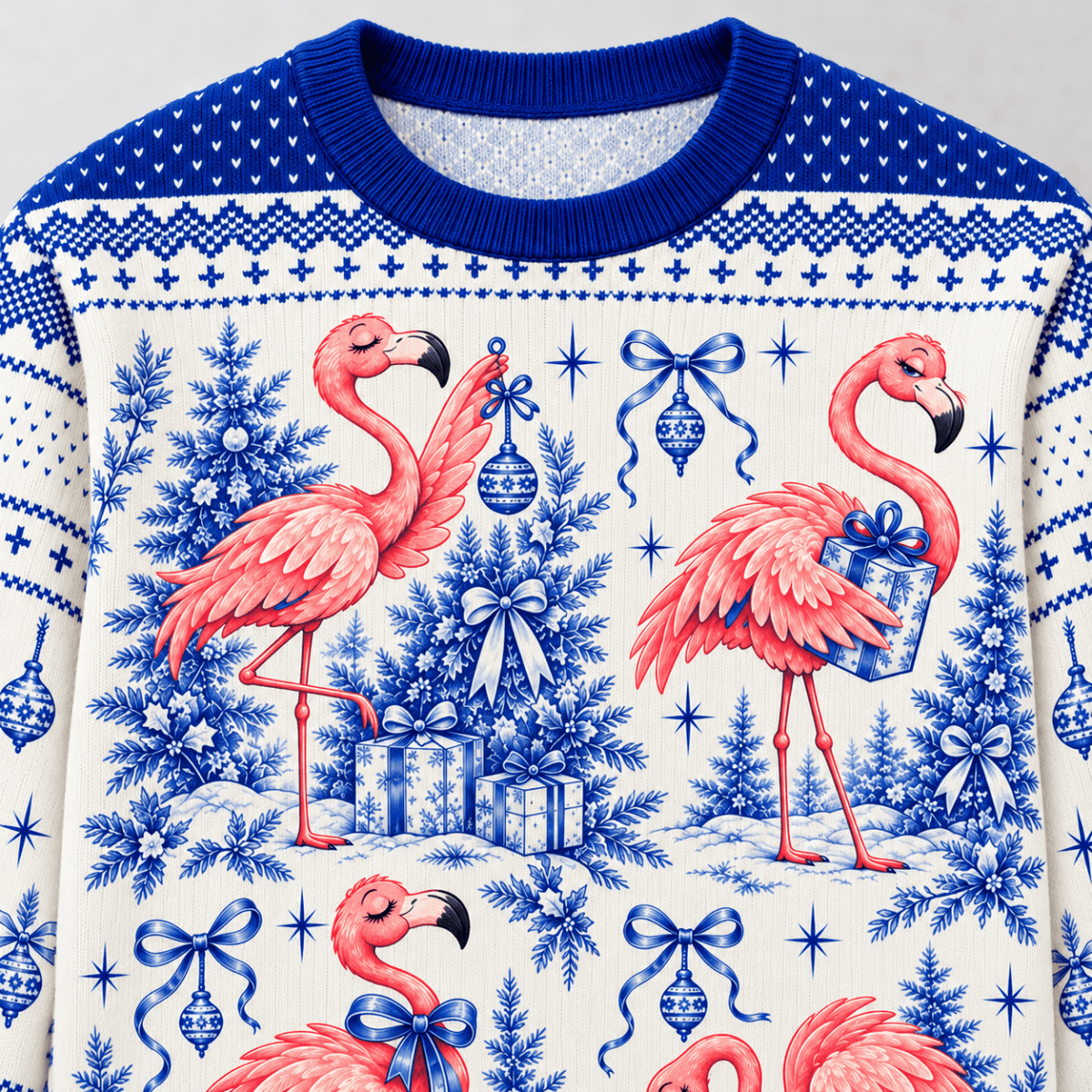 Personalized Flamingo Christmas Tree Toile de Jouy Knitted Sweater & Cardigan - FlamingoAholic