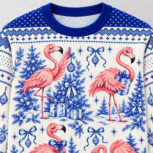 Personalized Flamingo Christmas Tree Toile de Jouy Knitted Sweater & Cardigan - FlamingoAholic