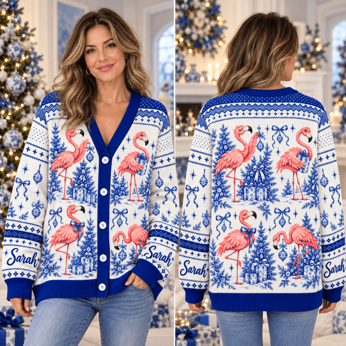 Personalized Flamingo Christmas Tree Toile de Jouy Knitted Sweater & Cardigan - FlamingoAholic