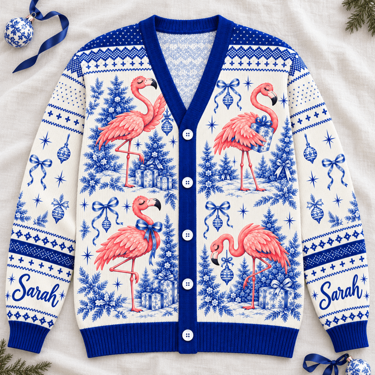 Personalized Flamingo Christmas Tree Toile de Jouy Knitted Sweater & Cardigan - FlamingoAholic