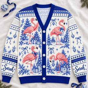 Personalized Flamingo Christmas Tree Toile de Jouy Knitted Sweater & Cardigan - FlamingoAholic