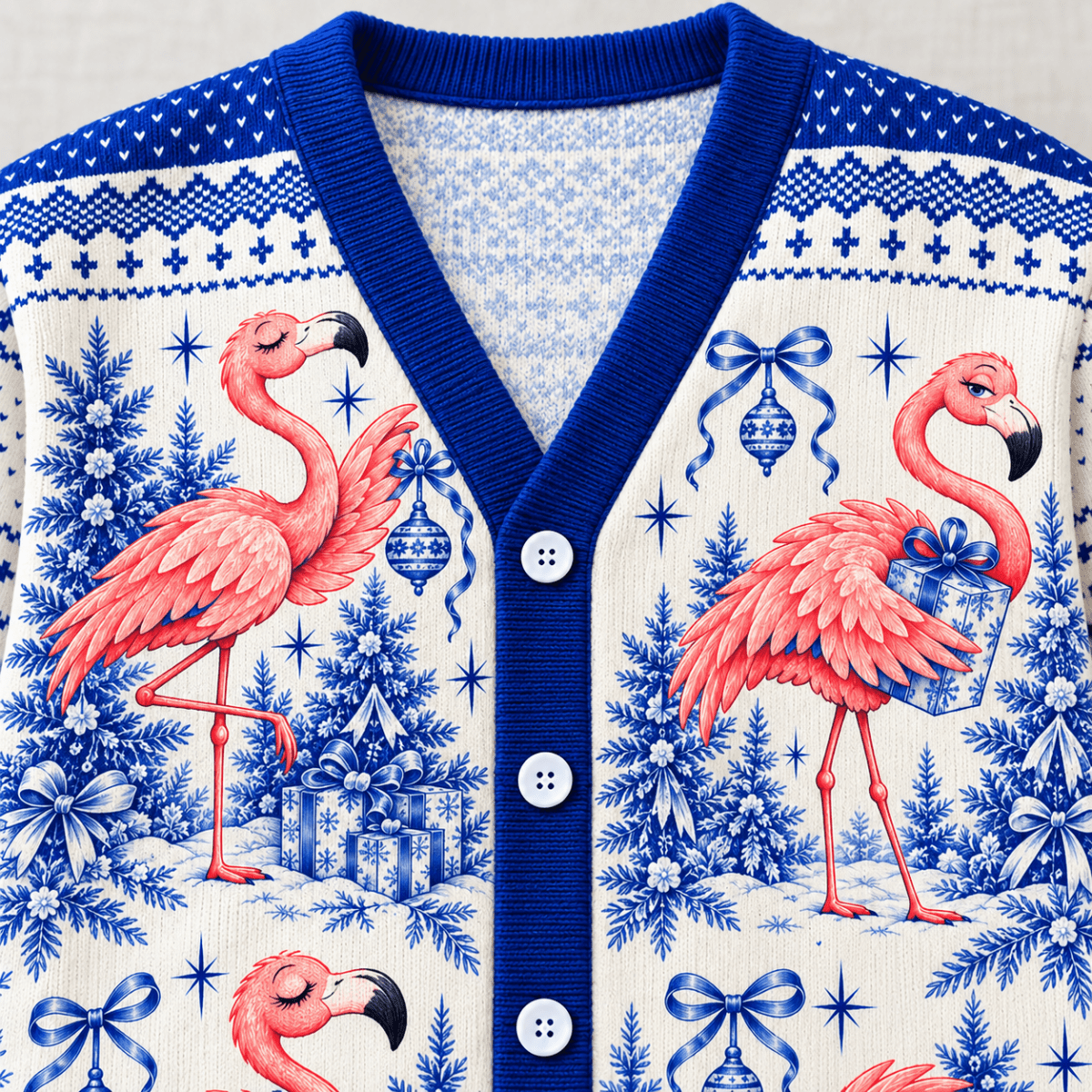 Personalized Flamingo Christmas Tree Toile de Jouy Knitted Sweater & Cardigan - FlamingoAholic