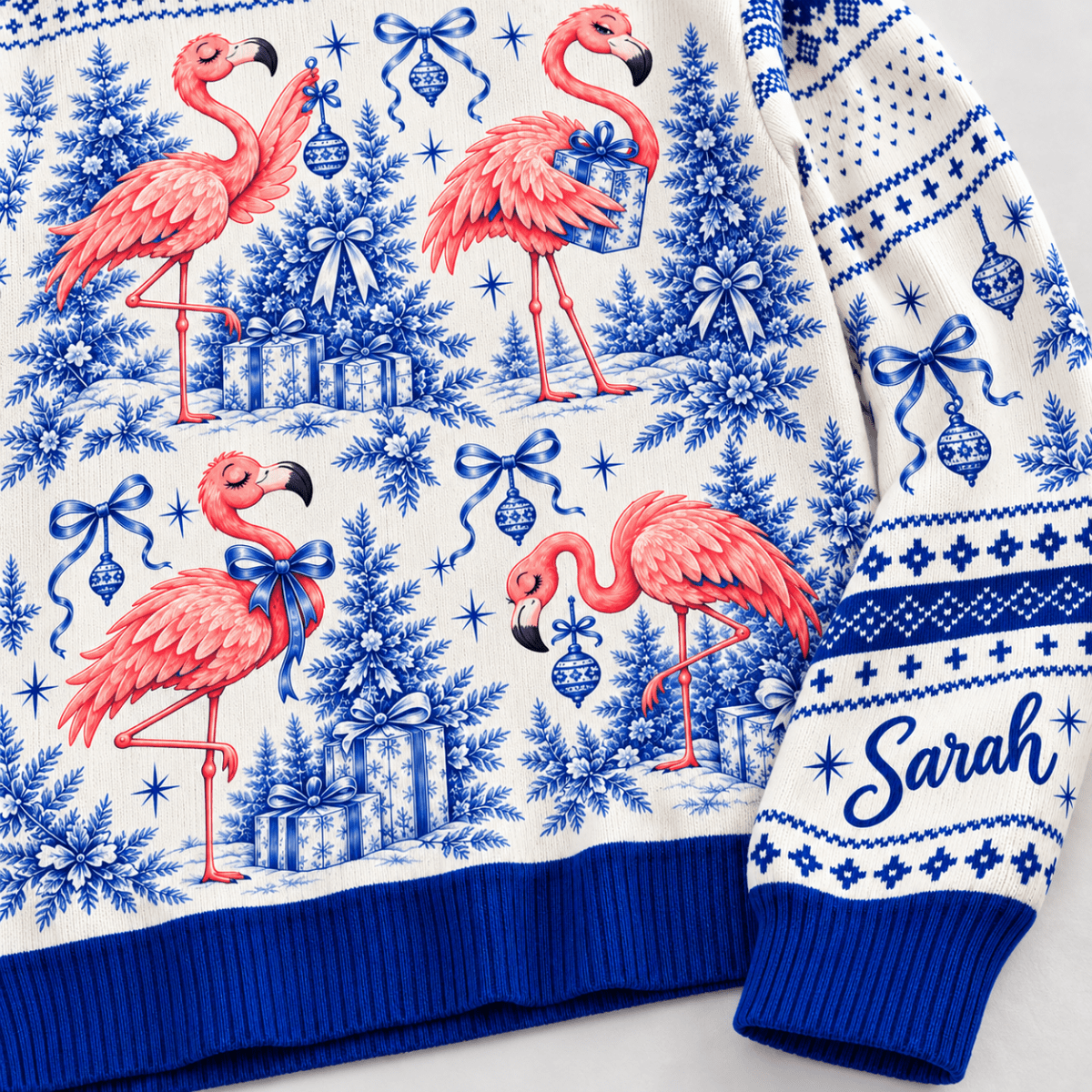 Personalized Flamingo Christmas Tree Toile de Jouy Knitted Sweater & Cardigan - FlamingoAholic