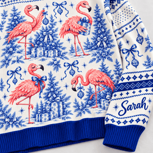 Personalized Flamingo Christmas Tree Toile de Jouy Knitted Sweater & Cardigan - FlamingoAholic