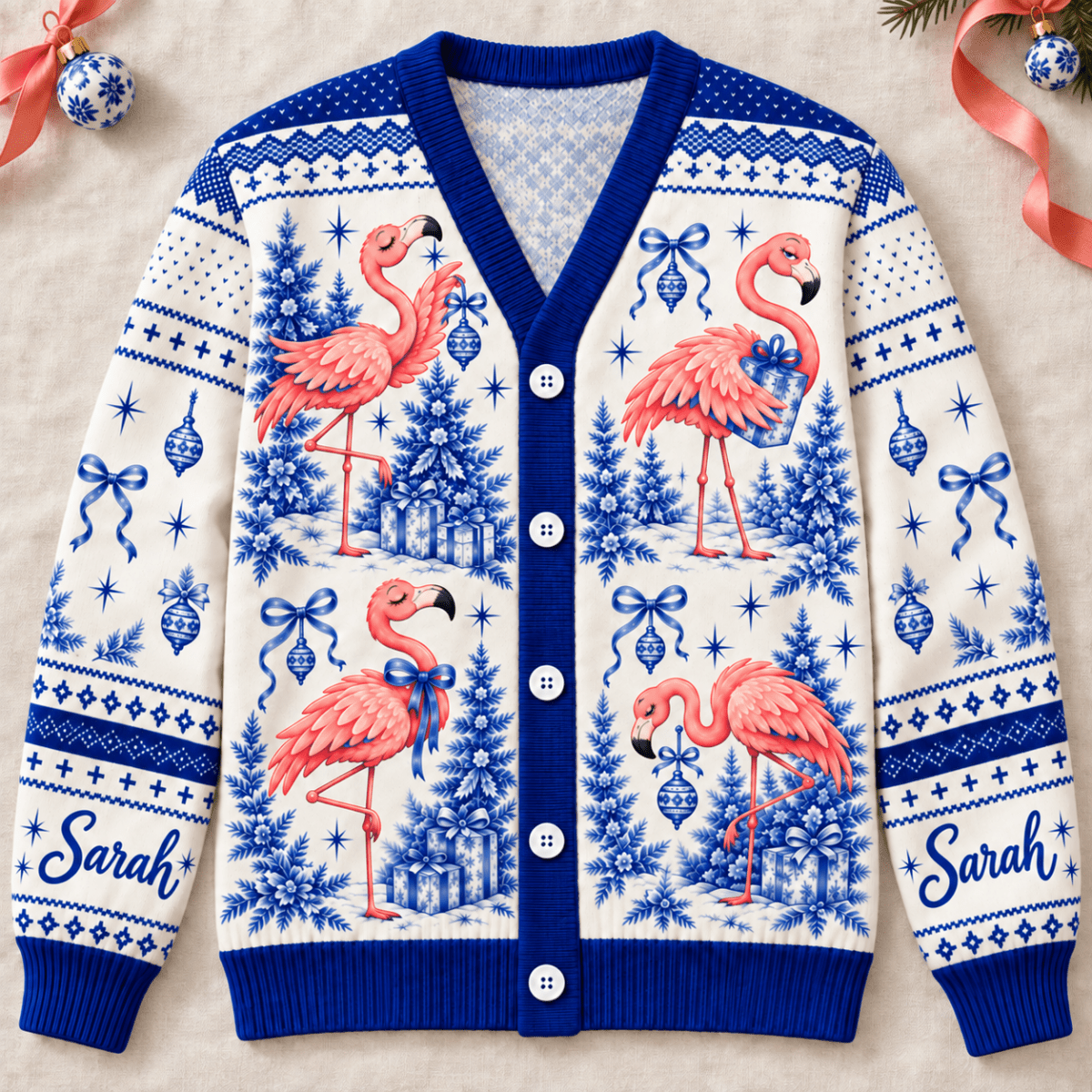 Personalized Flamingo Christmas Tree Toile de Jouy Knitted Sweater & Cardigan - FlamingoAholic