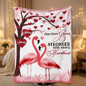 Personalized Flamingo Couple Fleece Blanket – “Our Love Grows Stronger” Custom Name Blanket, Romantic Gift for Couples - FlamingoAholic
