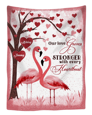 Personalized Flamingo Couple Fleece Blanket – “Our Love Grows Stronger” Custom Name Blanket, Romantic Gift for Couples - FlamingoAholic