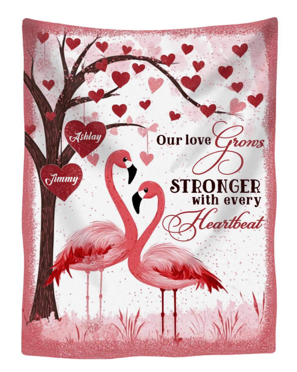 Personalized Flamingo Couple Fleece Blanket – “Our Love Grows Stronger” Custom Name Blanket, Romantic Gift for Couples - FlamingoAholic