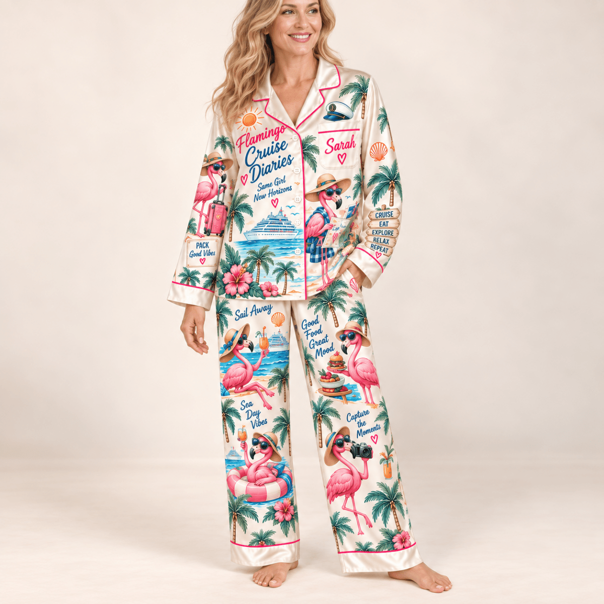 Personalized Flamingo Cruise Diaries Satin Pajama Set for Women - FlamingoAholic