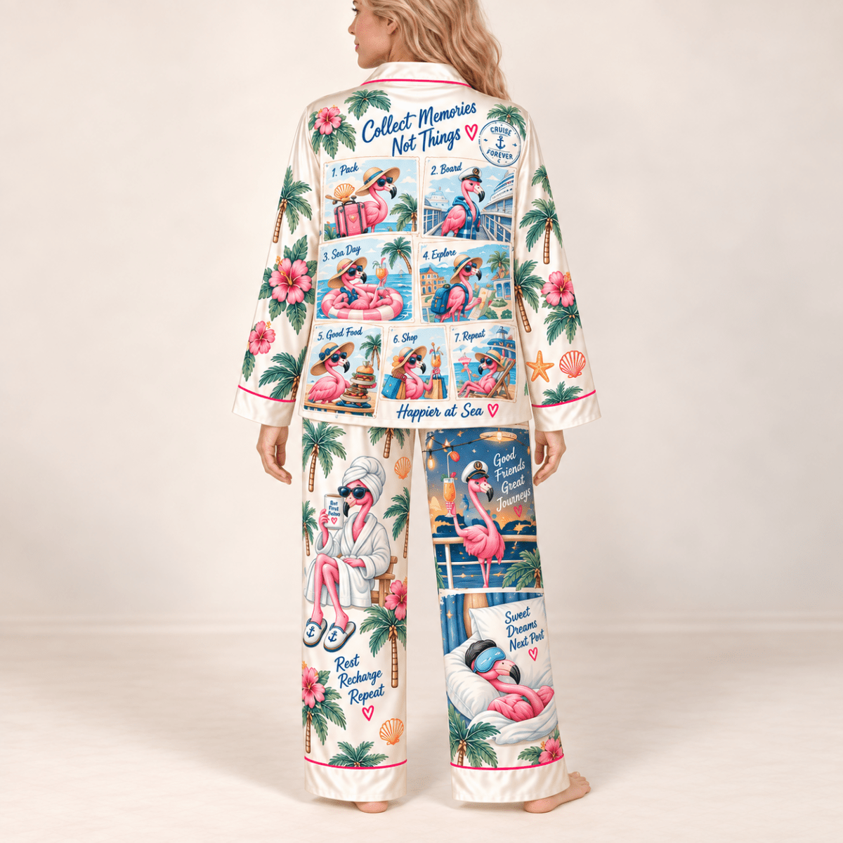 Personalized Flamingo Cruise Diaries Satin Pajama Set for Women - FlamingoAholic