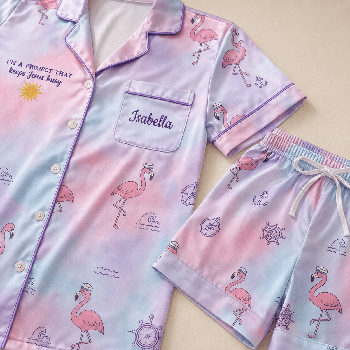 Personalized Flamingo Cruise Pajama Set for Women, Satin PJs, Custom Name Cruise Lover Gift - FlamingoAholic