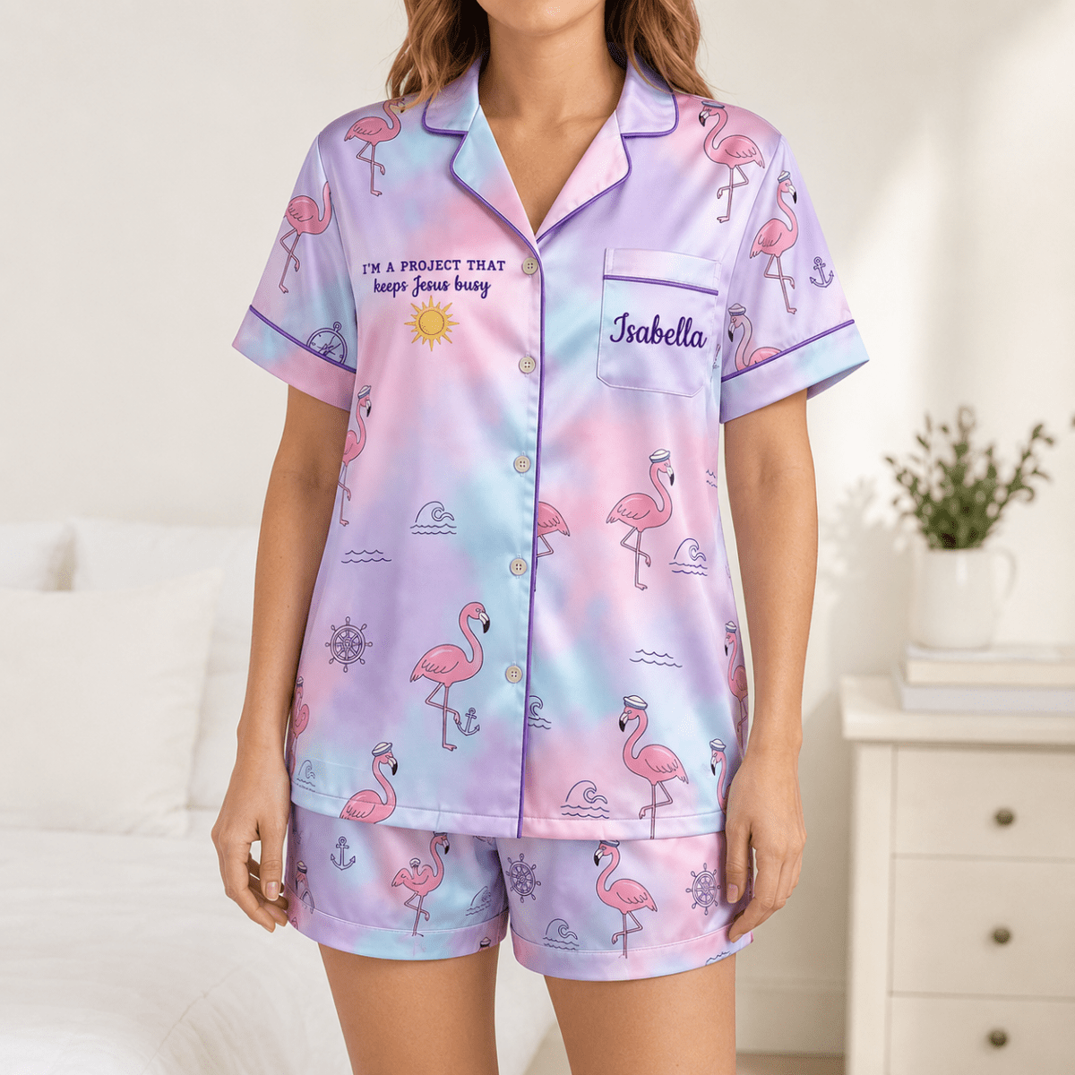 Personalized Flamingo Cruise Pajama Set for Women, Satin PJs, Custom Name Cruise Lover Gift - FlamingoAholic