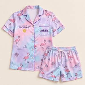 Personalized Flamingo Cruise Pajama Set for Women, Satin PJs, Custom Name Cruise Lover Gift - FlamingoAholic