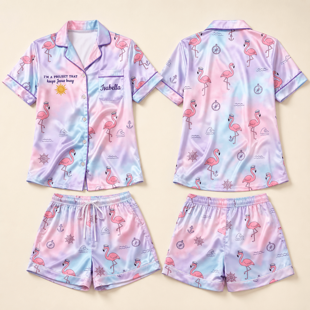 Personalized Flamingo Cruise Pajama Set for Women, Satin PJs, Custom Name Cruise Lover Gift - FlamingoAholic