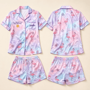 Personalized Flamingo Cruise Pajama Set for Women, Satin PJs, Custom Name Cruise Lover Gift - FlamingoAholic