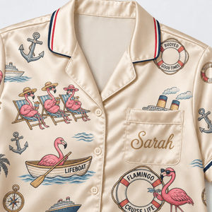Personalized Flamingo Cruise & Relax Satin Pajama Set for Women - FlamingoAholic