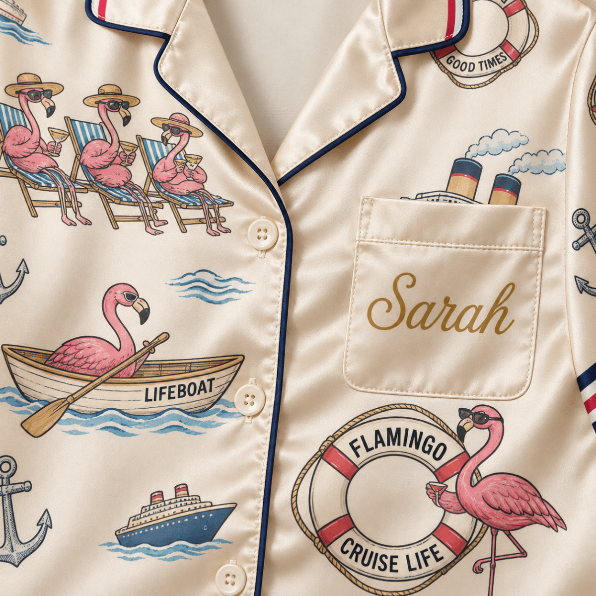 Personalized Flamingo Cruise & Relax Satin Pajama Set for Women - FlamingoAholic