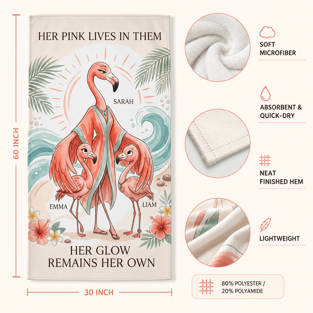 Personalized Flamingo Family Beach Towel | Custom Mom & Kids Towel | Mother's Beach Gift - FlamingoAholic
