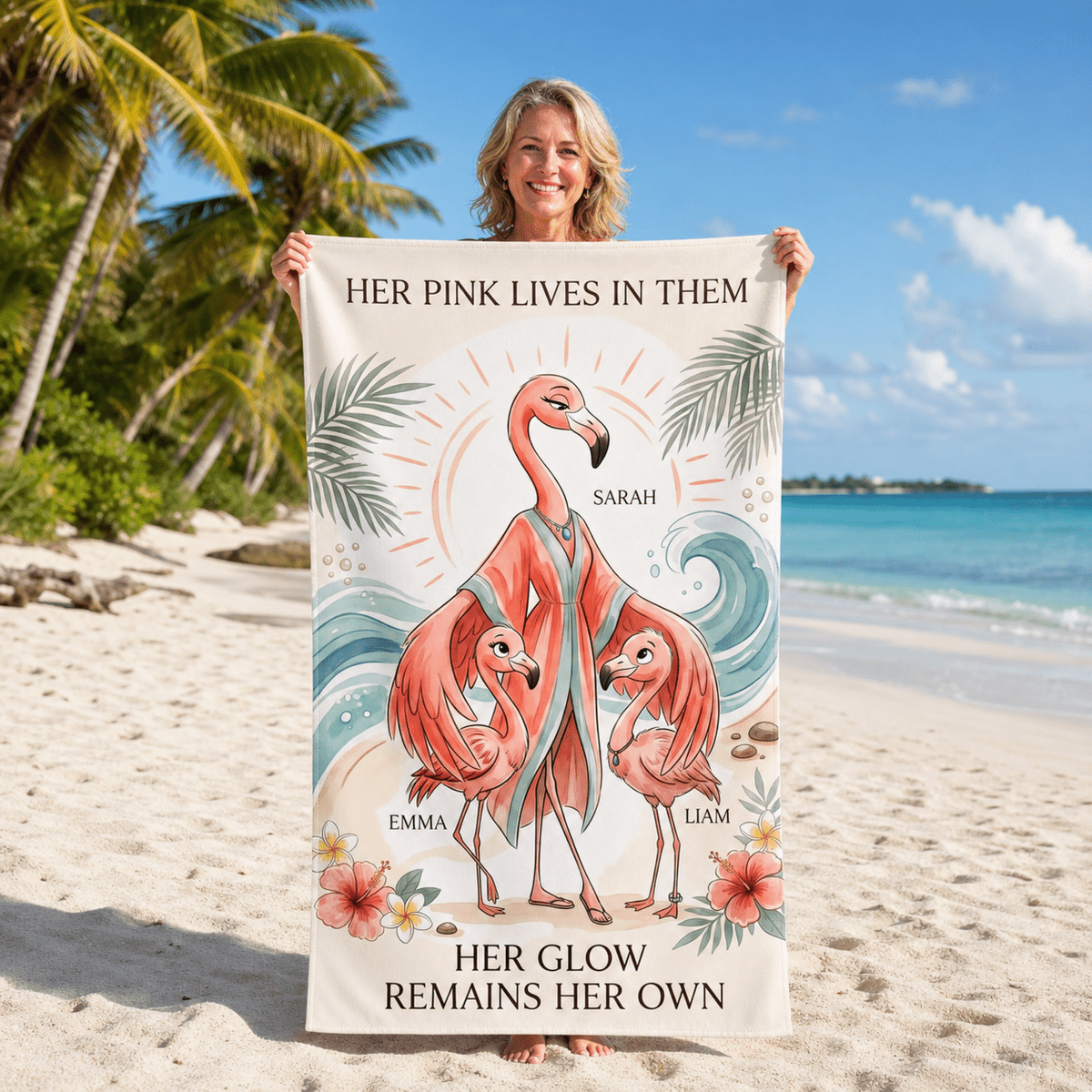 Personalized Flamingo Family Beach Towel | Custom Mom & Kids Towel | Mother's Beach Gift - FlamingoAholic