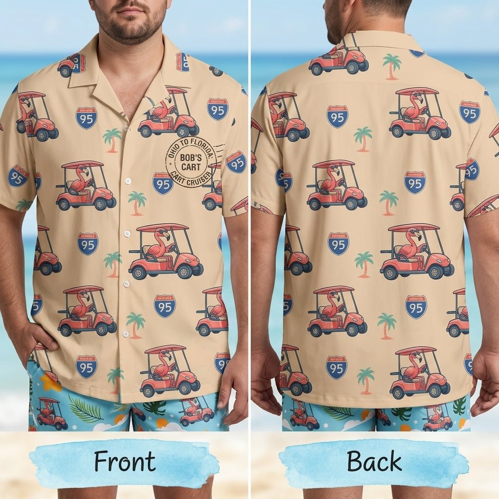 Personalized Flamingo "Golf Cart Cruiser" Tropical Hawaiian Shirt - FlamingoAholic
